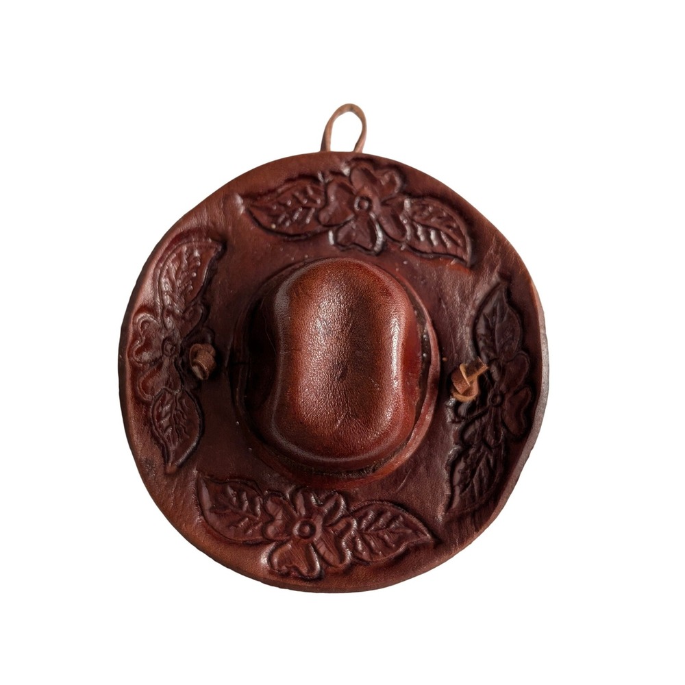 Vintage Hand Tooled Leather Cowboy Hat Ornament Embossed Floral Western‎ Decor